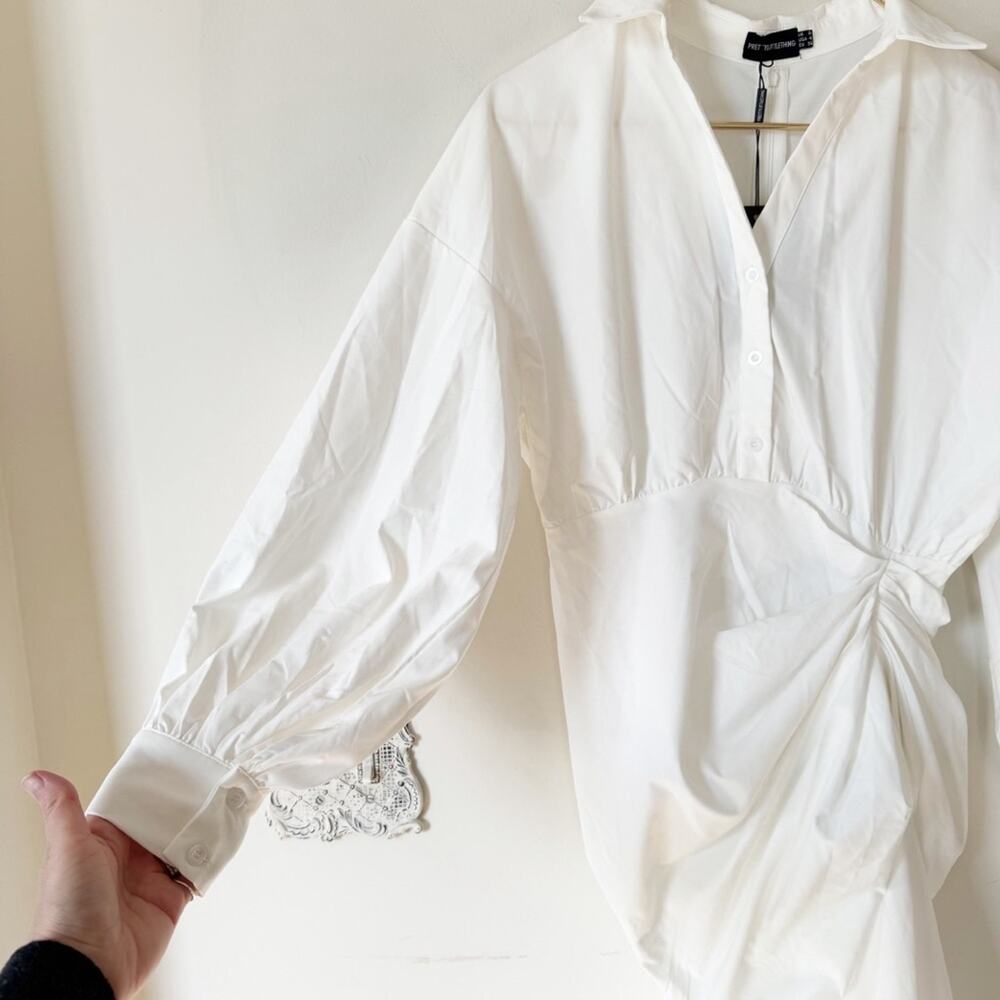 NWT Prettylittlething White Gathered Midi Shirt Dress Balloon Sleeves 4 - Picture 6 of 11
